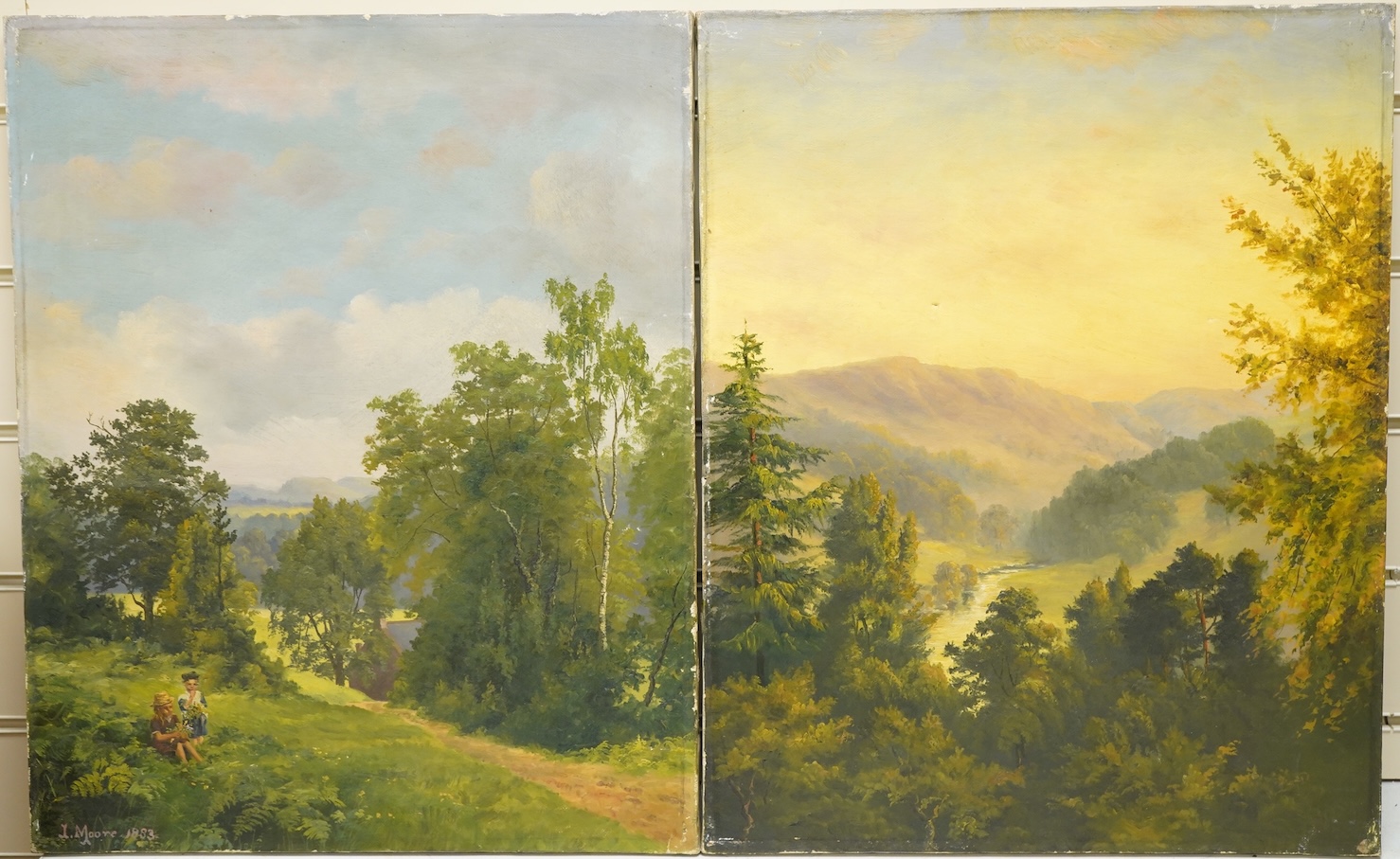 J. Moore, Two children on a hillside, signed and dated 1883, oil on canvas, together with a similar example, Riverscape with mountains beyond, pair of oils on canvas, unframed, each 50 x 40cm
